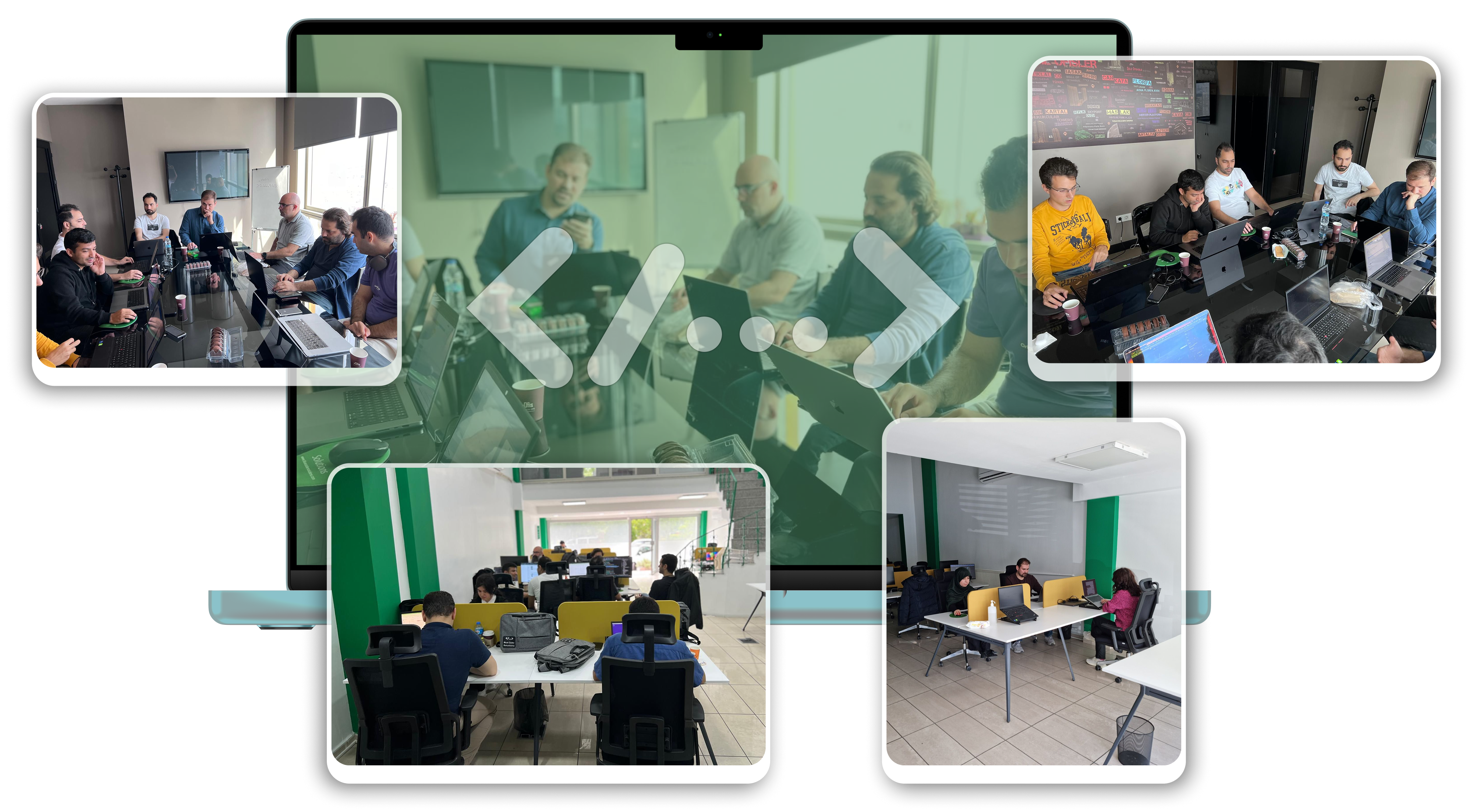 “Blue Coder Solutions team collaborating in the office — group meetings, development sessions, and workspace photos.”